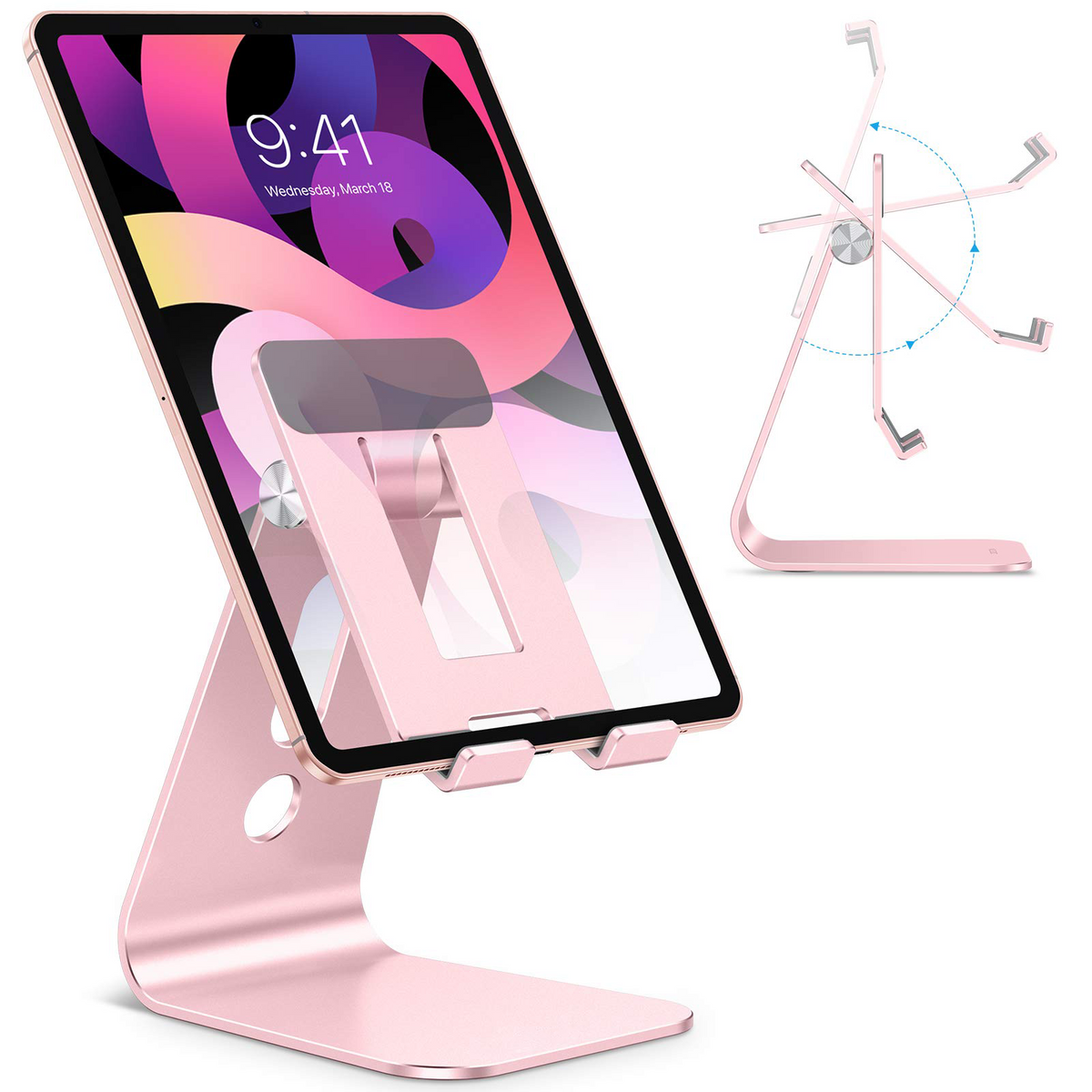 Adjustable Tablet Stand for Desk, Upgraded Longer Arms for Greater Stability, T2 Tablet Holder with Hollow Design for Bigger Sized Phones and Tablets Such as iPad Pro/Air/Mini, Rose Gold