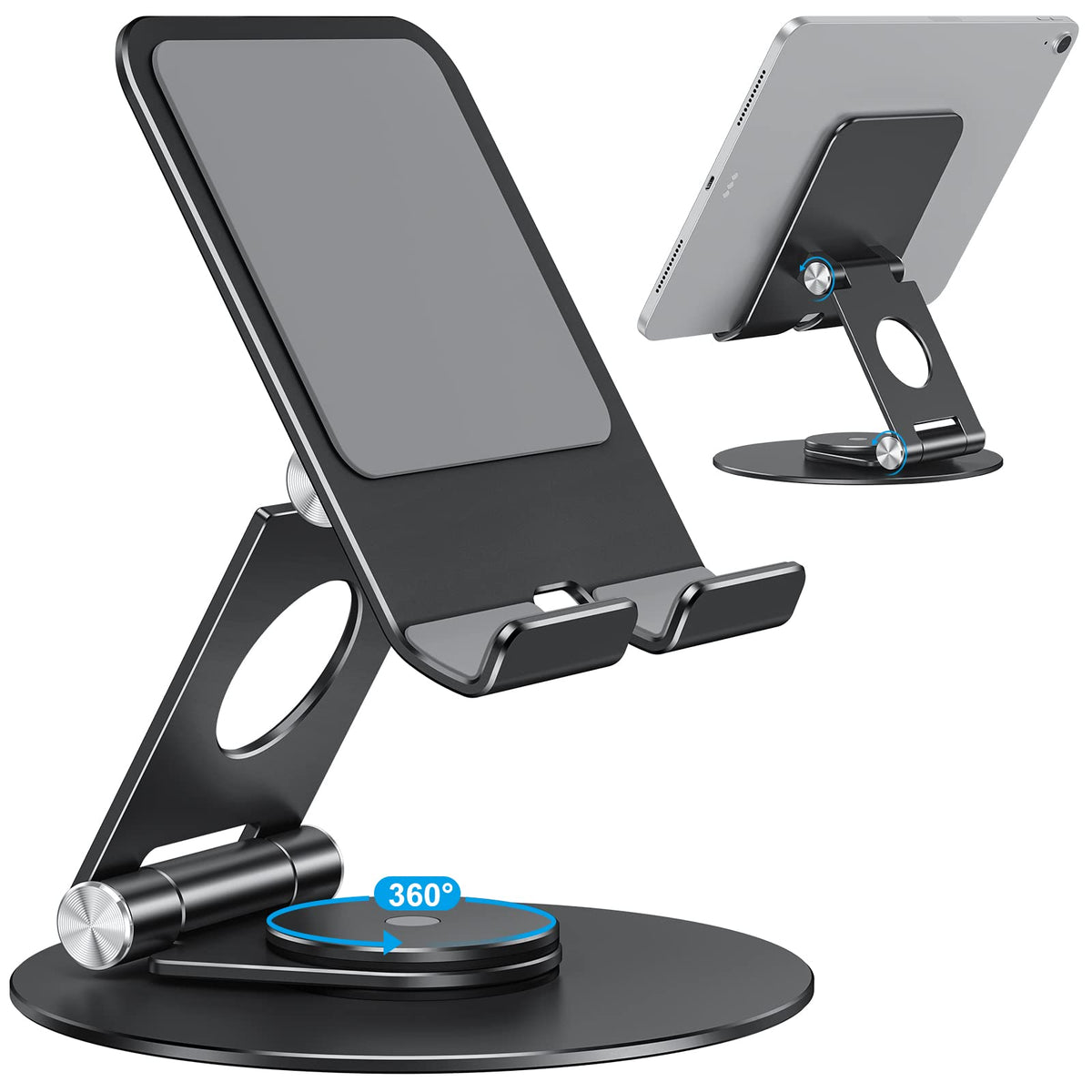 Swivel Tablet Stand for iPad with 360 Rotating Base, Foldable Adjustable Holder for Drawing, Compatible with iPad Pro/Air/Mini and More, Black Gray