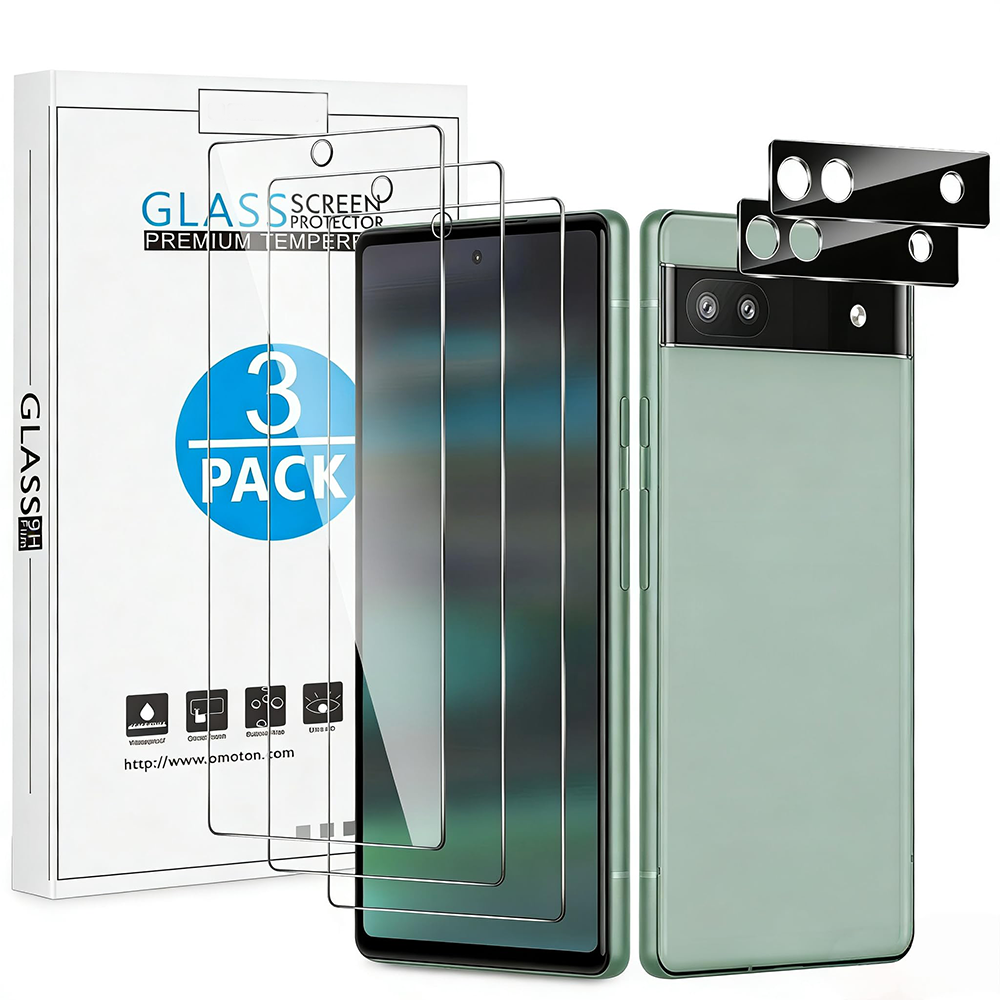3+2 Pack Screen Protector for Google Pixel 6a (6.1 Inch 2022 Release), 3 Pack Tempered Glass Screen Protector & 2 Pack Camera Lens Protector, Bubble Free/Scratch Resistant