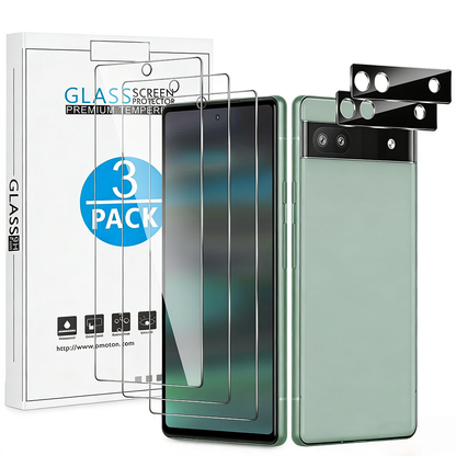 3+2 Pack Screen Protector for Google Pixel 6a (6.1 Inch 2022 Release), 3 Pack Tempered Glass Screen Protector & 2 Pack Camera Lens Protector, Bubble Free/Scratch Resistant