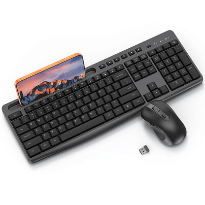Black Wireless Keyboard and Mouse Combo, Built-in Phone Holder