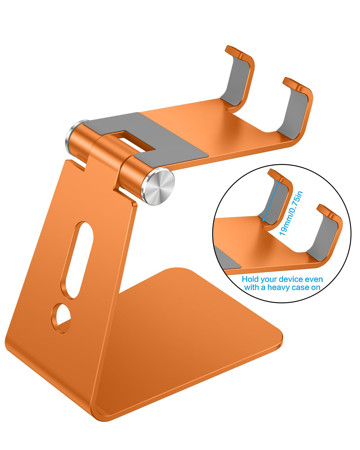 Aluminum Desktop Cellphone Stand with Anti-Slip Base and Convenient Charging Port, Fits All Smart Phones, Orange