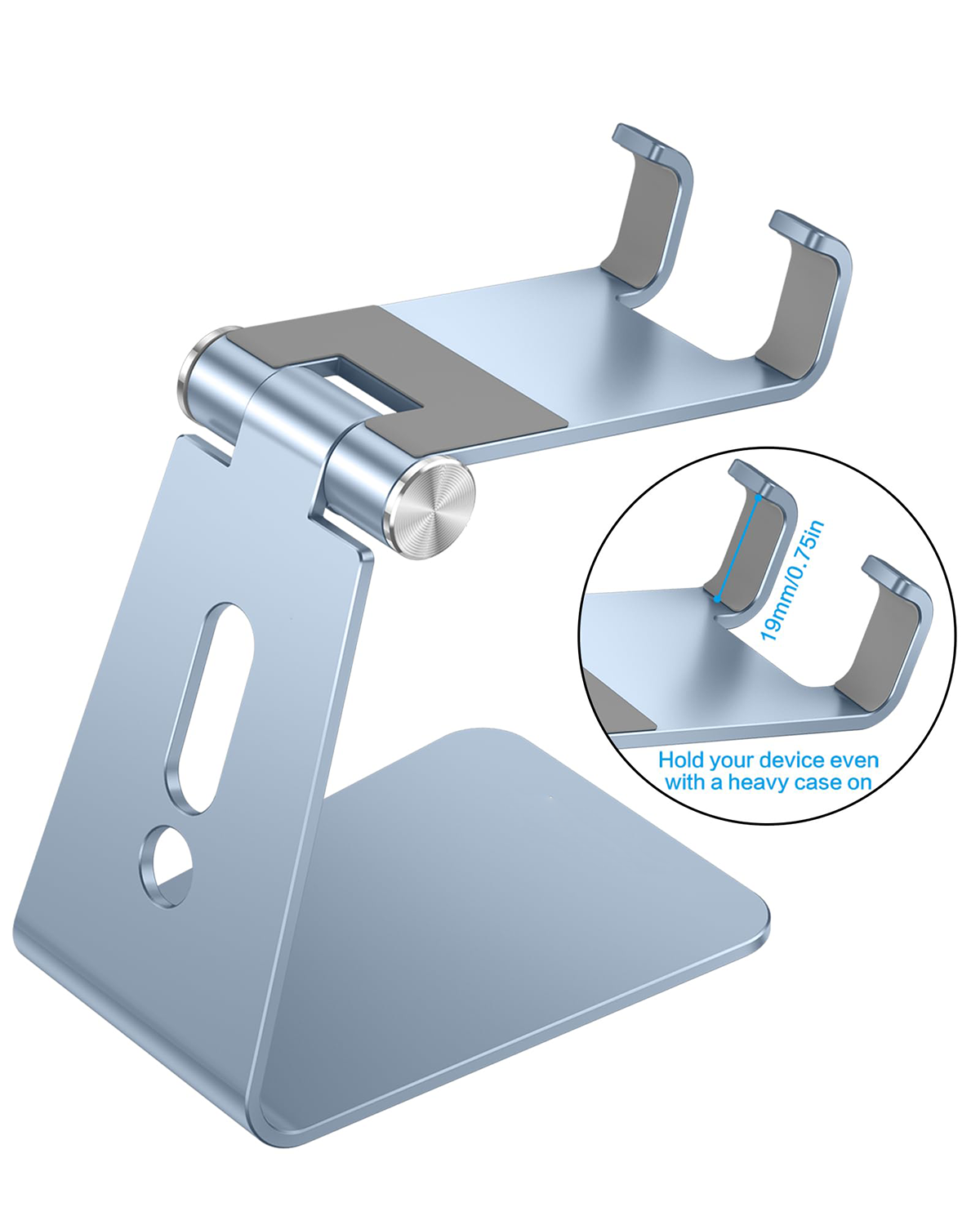Aluminum Desktop Cellphone Stand with Anti-Slip Base and Convenient Charging Port, Fits All Smart Phones, Light Blue