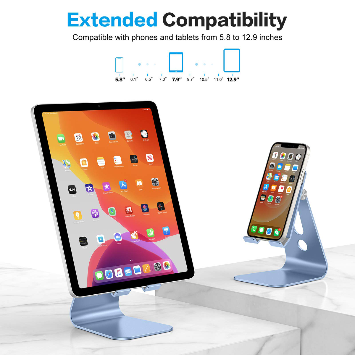 Adjustable Tablet Stand for Desk, Upgraded Longer Arms for Greater Stability, T2 Tablet Holder with Hollow Design for Bigger Sized Phones and Tablets Such as iPad Pro/Air/Mini, Blue