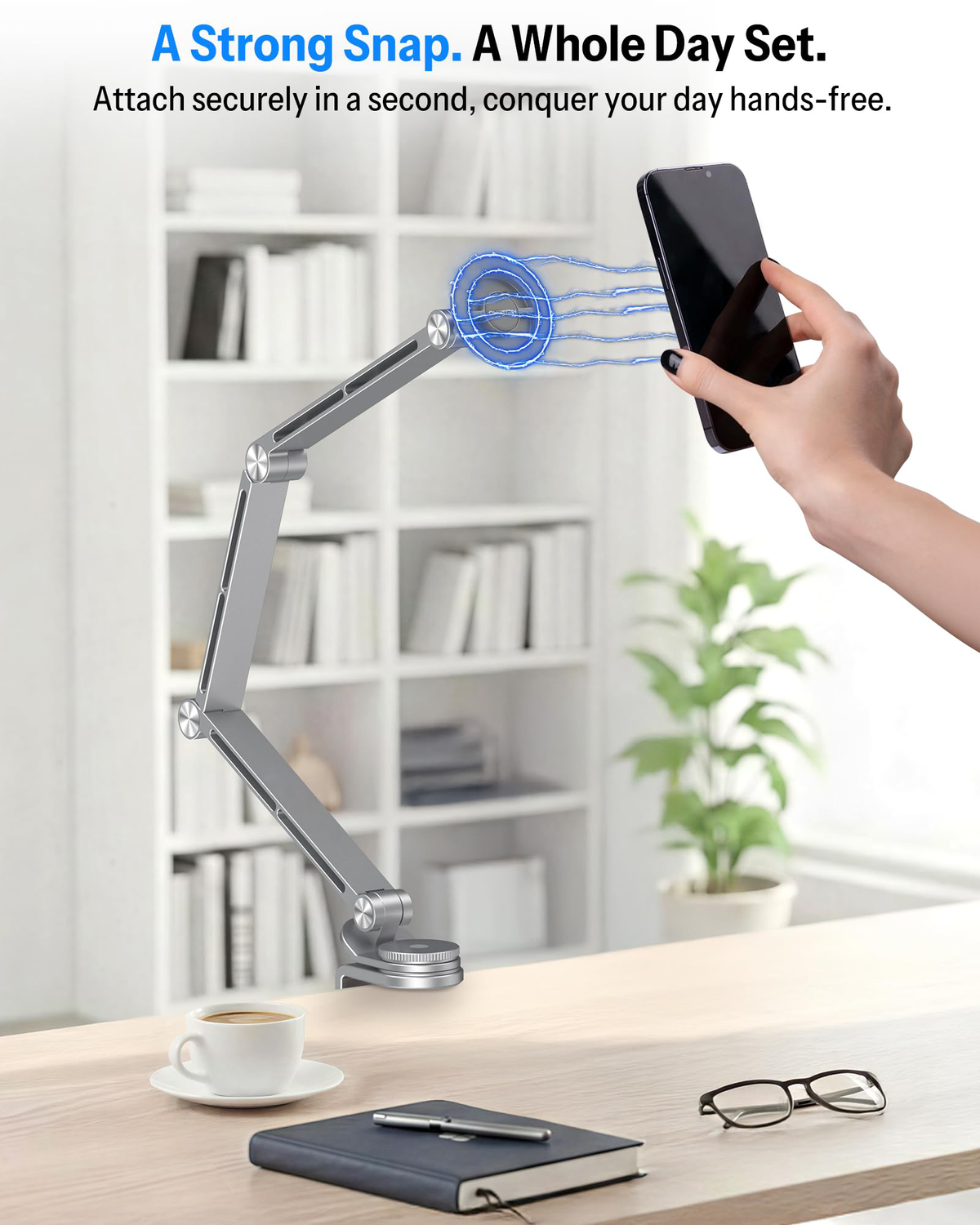 Tablet Stand for iPad with 360° Rotation, GH04 Aluminum Alloy Long Arm Phone Mount with Magnetic Phone Head & Plastic Tablet Clamp, Adjustable Holder for 4-13" iPad Pro/iPhone, Grey