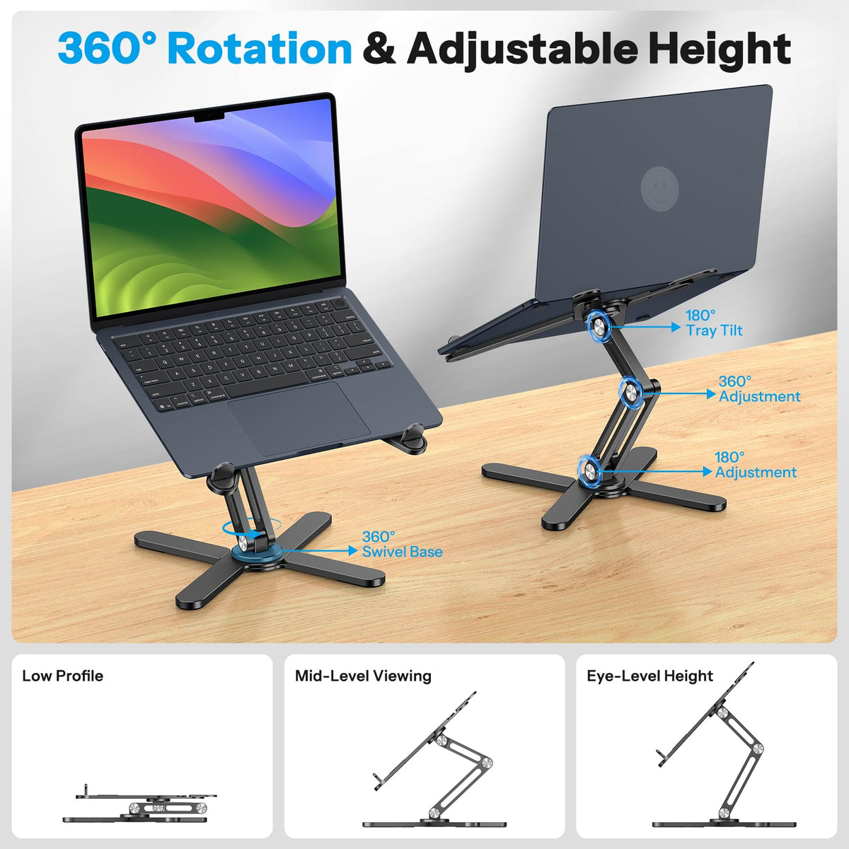 LA10 360° Rotating Laptop Stand Riser Foldable for Desk, Black