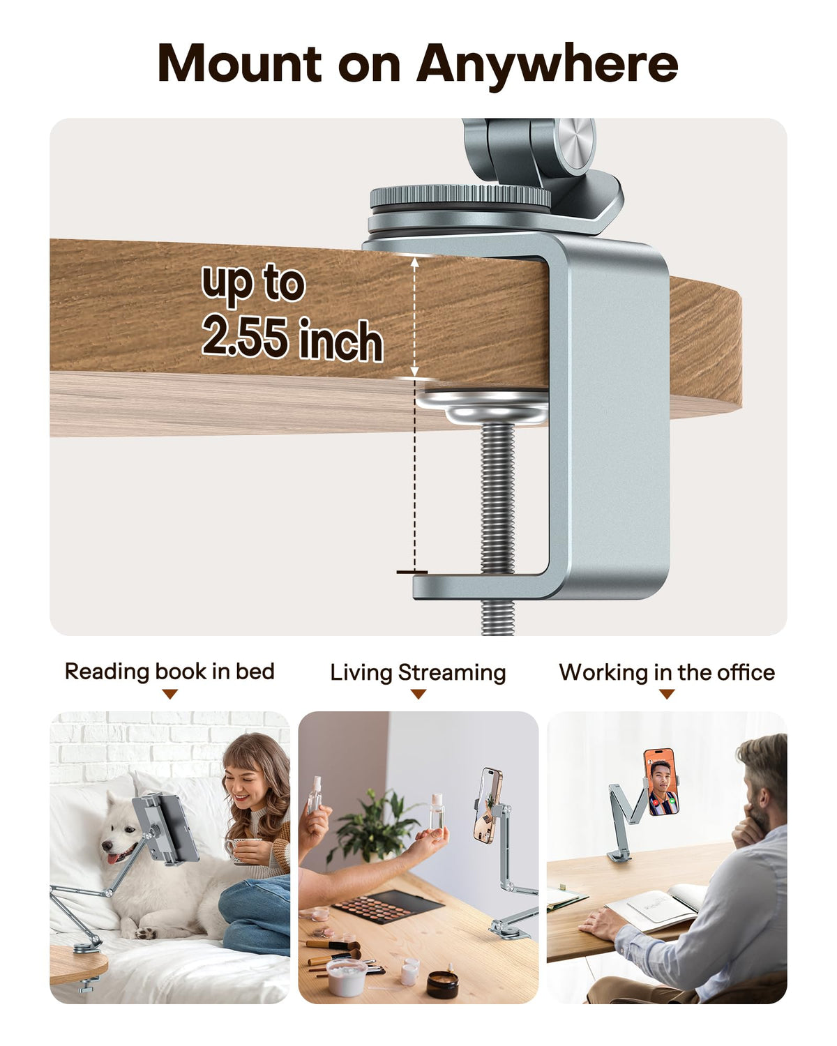 GH03 Tablet Holder with 2 ABS Clamps, Aluminum Long Arm Mount, Grey