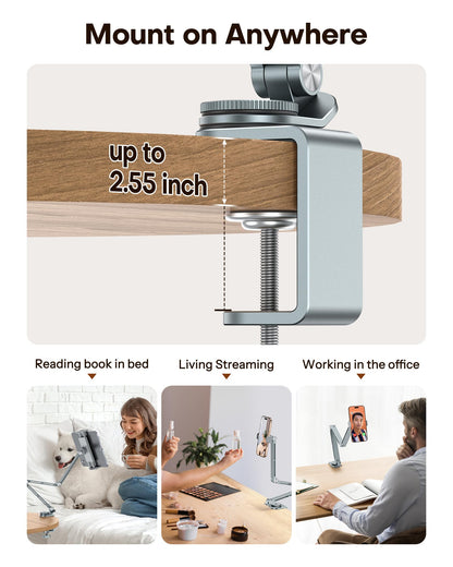 GH03 Tablet Holder with 2 ABS Clamps, Aluminum Long Arm Mount, Grey