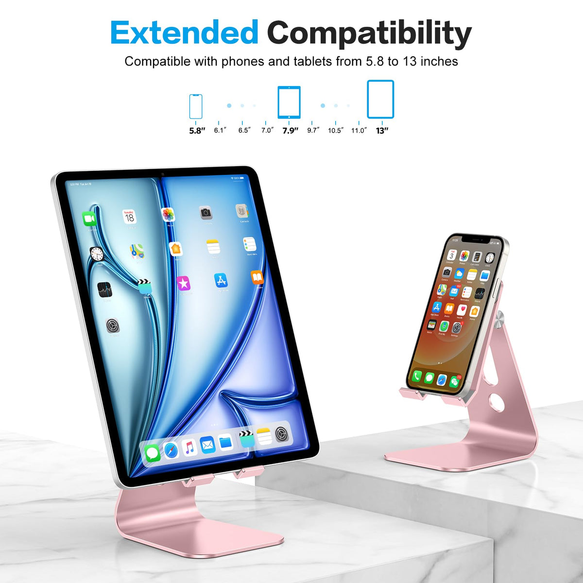 Adjustable Tablet Stand for Desk, Upgraded Longer Arms for Greater Stability, T2 Tablet Holder with Hollow Design for Bigger Sized Phones and Tablets Such as iPad Pro/Air/Mini, Rose Gold