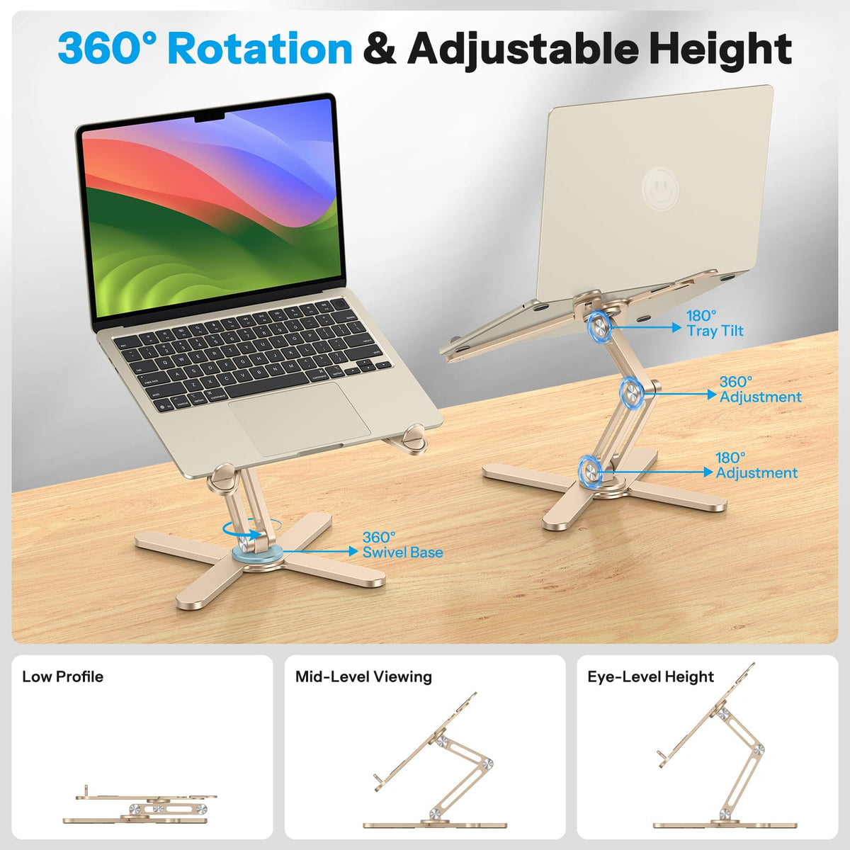 LA10 360° Rotating Laptop Stand Riser Foldable for Desk, Gold
