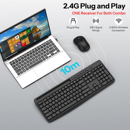 Dark Black Wireless Keyboard and Mouse Combo, Built-in Phone Holder
