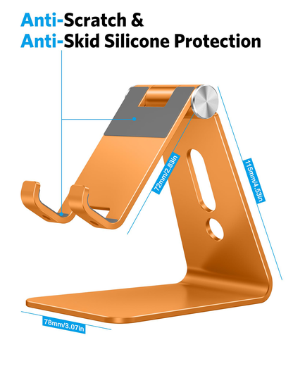Aluminum Desktop Cellphone Stand with Anti-Slip Base and Convenient Charging Port, Fits All Smart Phones, Orange