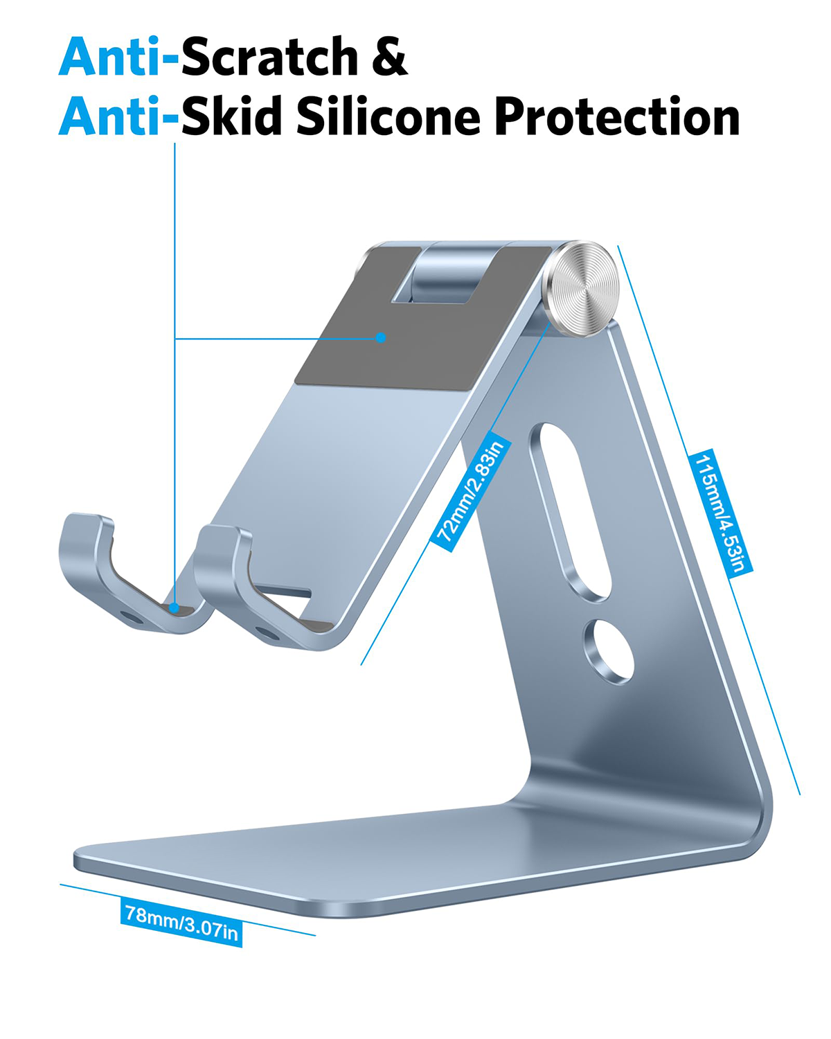 Aluminum Desktop Cellphone Stand with Anti-Slip Base and Convenient Charging Port, Fits All Smart Phones, Light Blue
