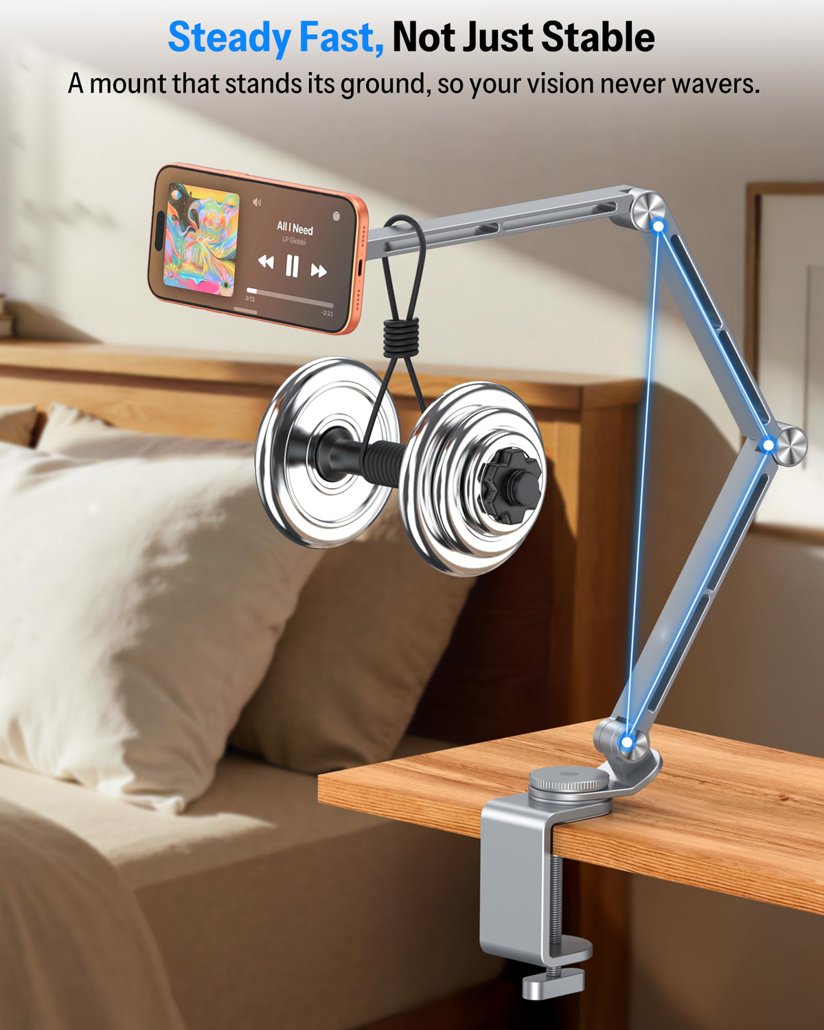Tablet Stand for iPad with 360° Rotation, GH04 Aluminum Alloy Long Arm Phone Mount with Magnetic Phone Head & Plastic Tablet Clamp, Adjustable Holder for 4-13" iPad Pro/iPhone, Grey