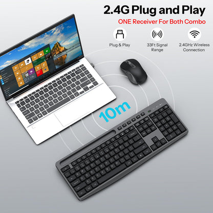 Black Wireless Keyboard and Mouse Combo, Built-in Phone Holder