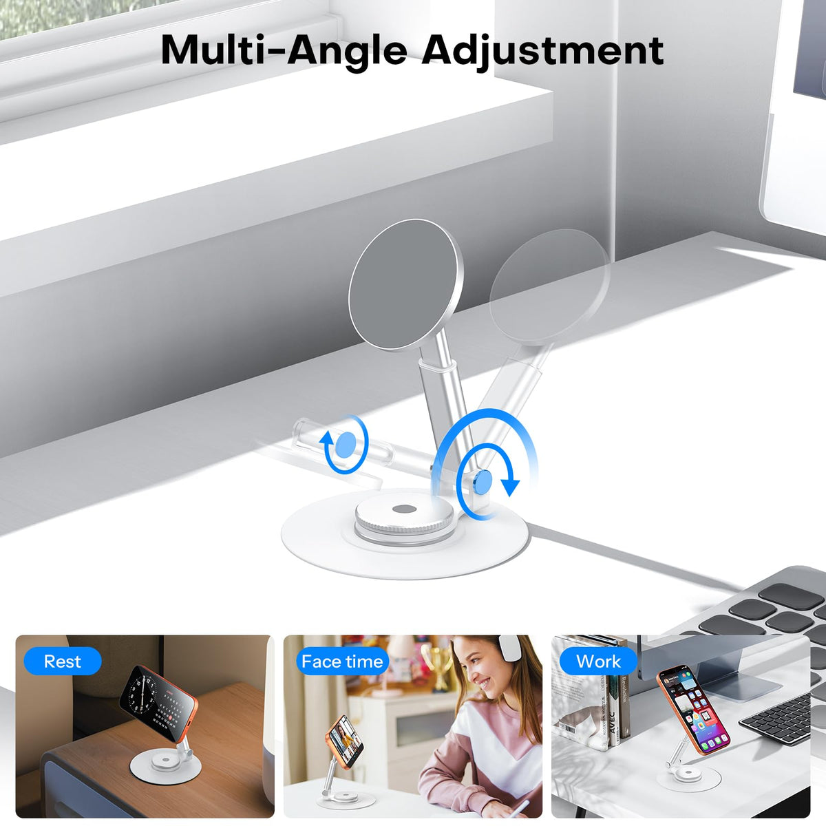 MS05 [Height Adjustable] 360° Magnetic Phone Stand, Silver White