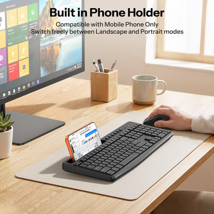 Dark Black Wireless Keyboard and Mouse Combo, Built-in Phone Holder