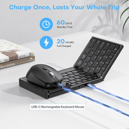 Foldable Keyboard and Mouse for 3 Devices, Wireless Bluetooth Combo