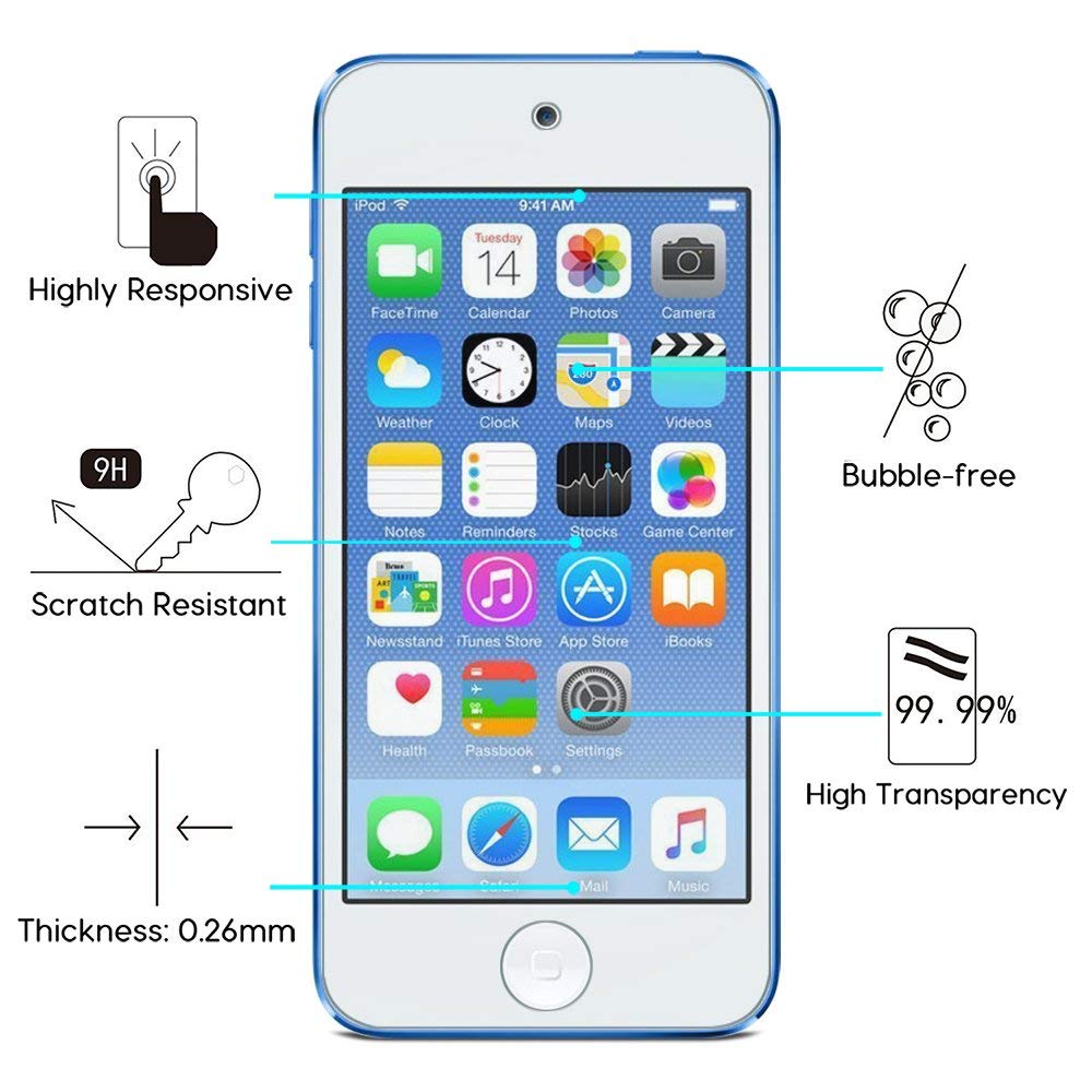 Tempered Glass Screen Protector for New iPod Touch (7th / 6th / 5th Gen, 2015 / 2019 Released), 2 Pack