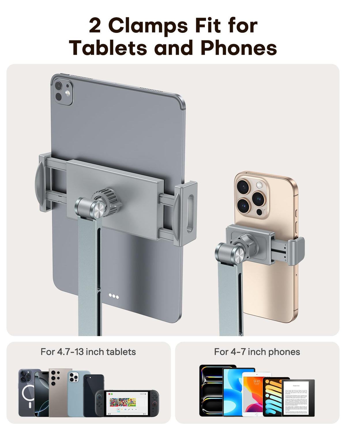GH03 Tablet Holder with 2 ABS Clamps, Aluminum Long Arm Mount, Grey