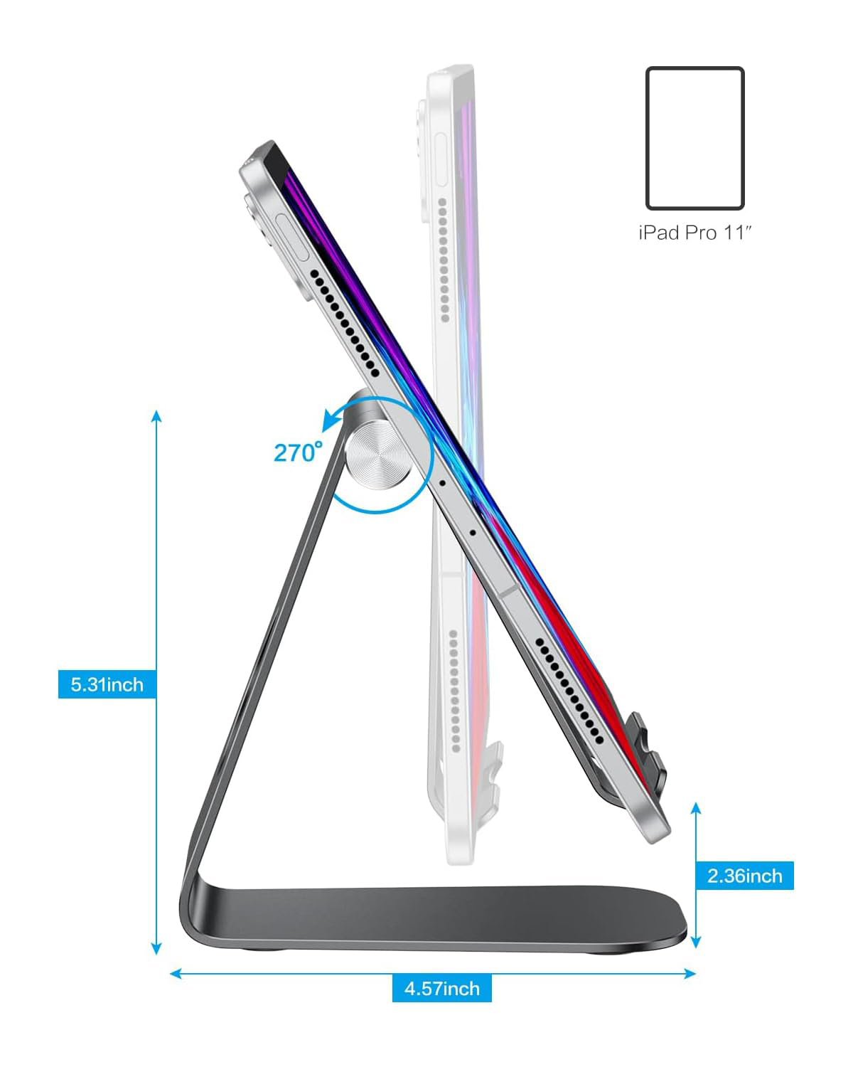T1 Adjustable Tablet Stand for Desk, Aluminum Holder for iPad Black