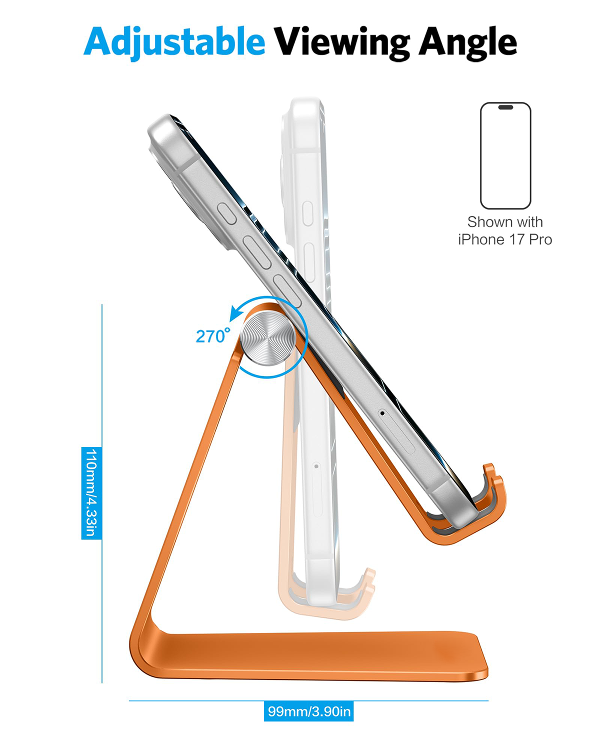 Aluminum Desktop Cellphone Stand with Anti-Slip Base and Convenient Charging Port, Fits All Smart Phones, Orange