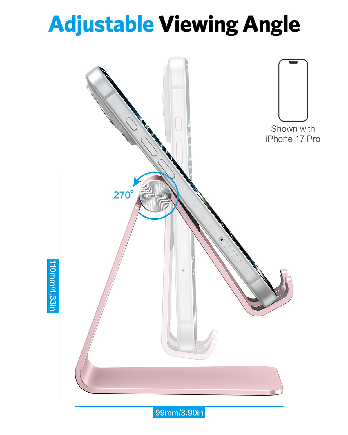 C2 Adjustable Aluminum Cell Phone Stand with Charging Cutout, Rose Gold