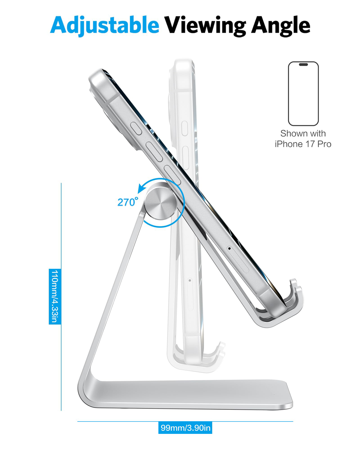 C2 Adjustable Aluminum Cell Phone Stand with Charging Cutout, Silver
