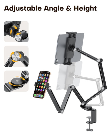 GH03 Tablet Holder with 2 ABS Clamps, Aluminum Long Arm Mount, Black