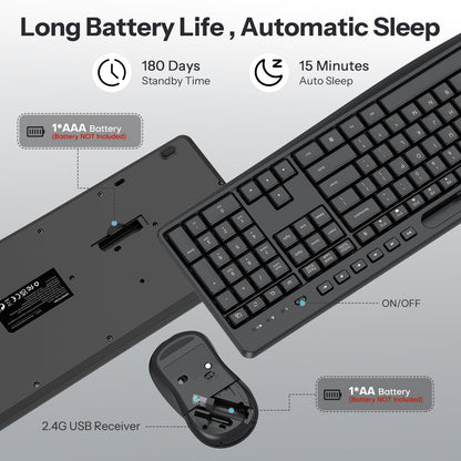 Dark Black Wireless Keyboard and Mouse Combo, Built-in Phone Holder