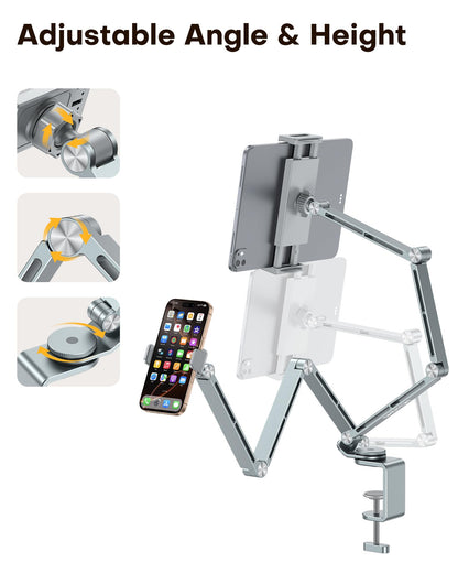 GH03 Tablet Holder with 2 ABS Clamps, Aluminum Long Arm Mount, Grey