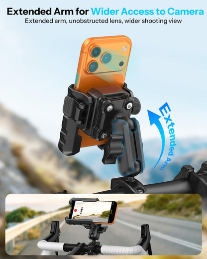 Bike Phone Holder Extended Arm, Anti-Shake Camera-Friendly Mount