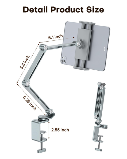 GH03 Tablet Holder with 2 ABS Clamps, Aluminum Long Arm Mount, Grey