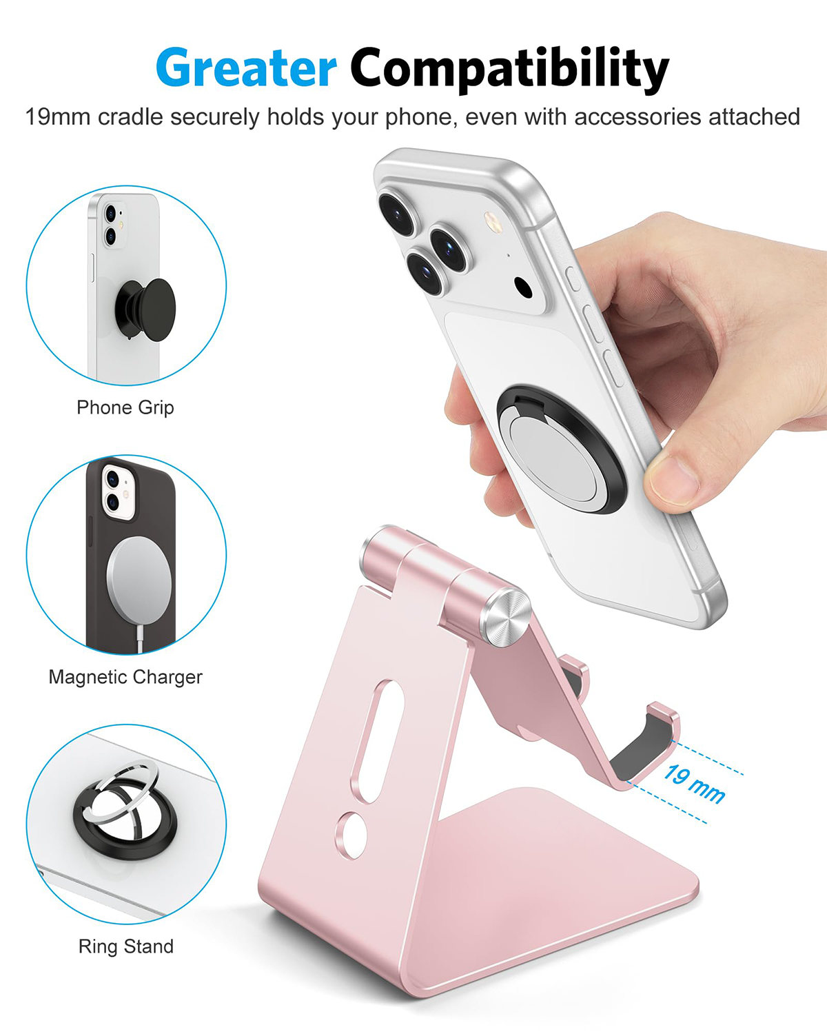 C2 Adjustable Aluminum Cell Phone Stand with Charging Cutout, Rose Gold