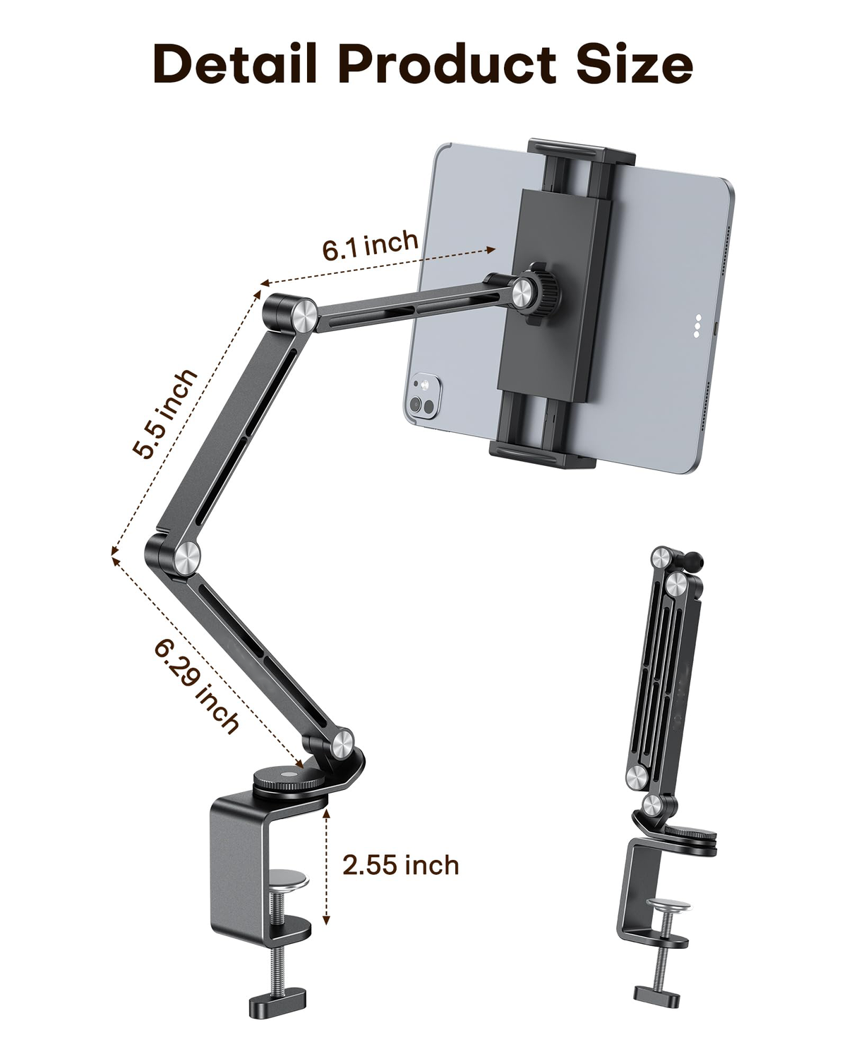 GH03 Tablet Holder with 2 ABS Clamps, Aluminum Long Arm Mount, Black
