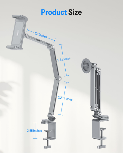 Tablet Stand for iPad with 360° Rotation, GH04 Aluminum Alloy Long Arm Phone Mount with Magnetic Phone Head & Plastic Tablet Clamp, Adjustable Holder for 4-13" iPad Pro/iPhone, Grey