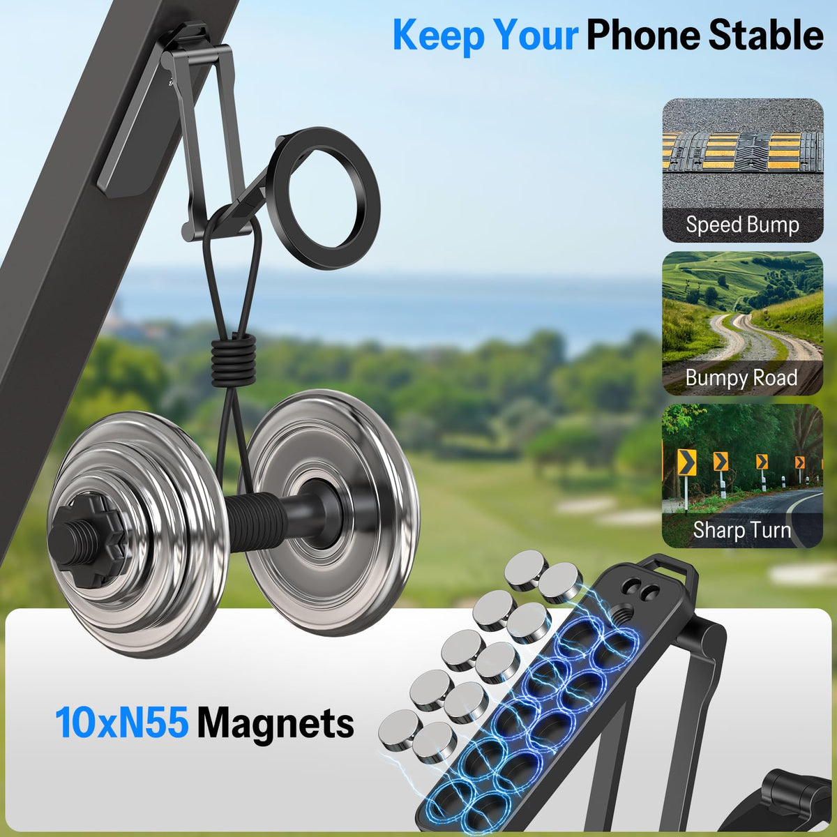 Magnetic Golf Cart Phone Holder, 1/4" Screw, 5.6in Extendable Arm