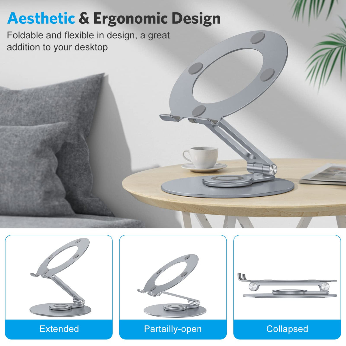 Adjustable Laptop Stand for Desk 360° Rotating Base 17" Cool Grey