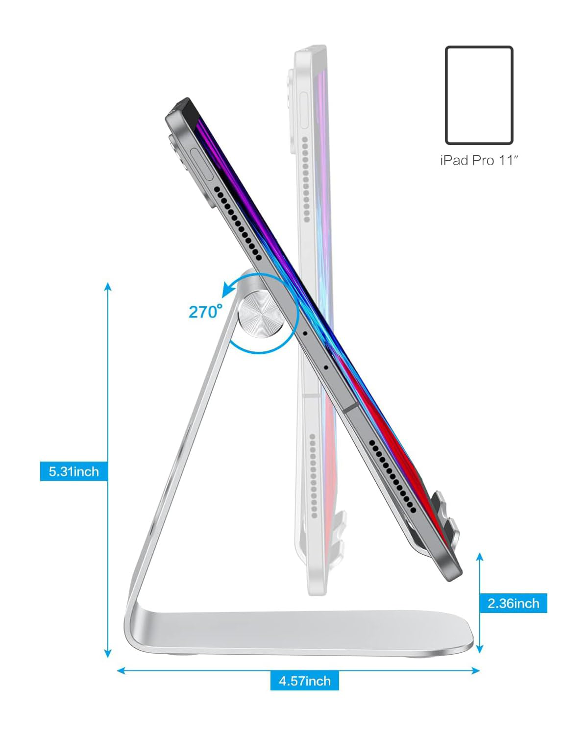 T1 Adjustable Tablet Stand for Desk, Aluminum Holder for iPad Silver