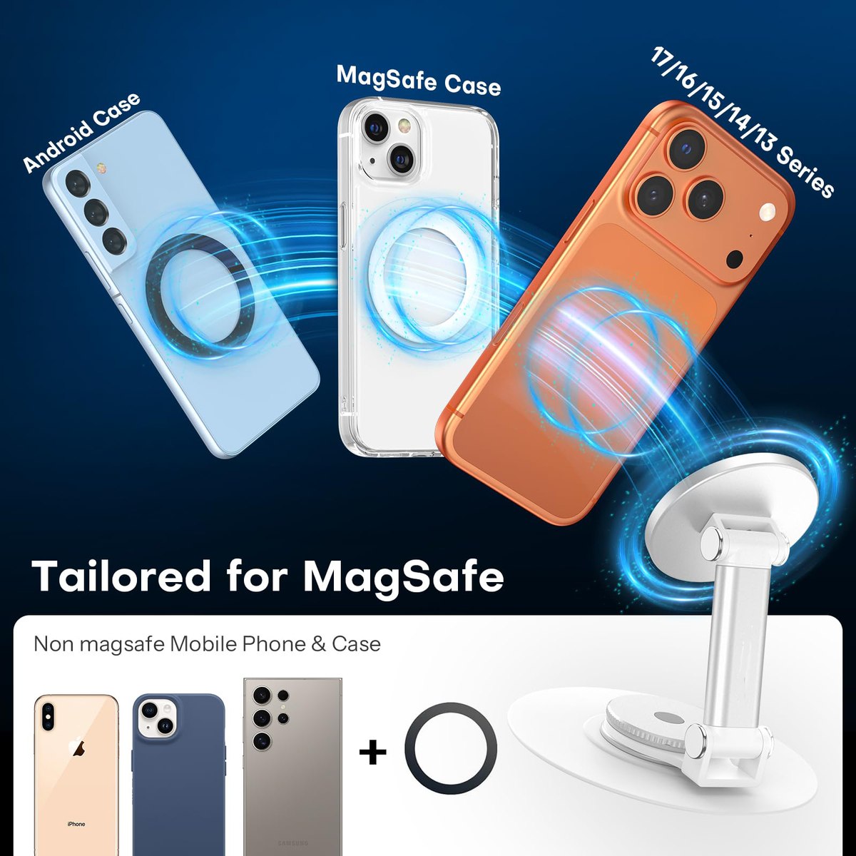 MS05 [Height Adjustable] 360° Magnetic Phone Stand, Silver White