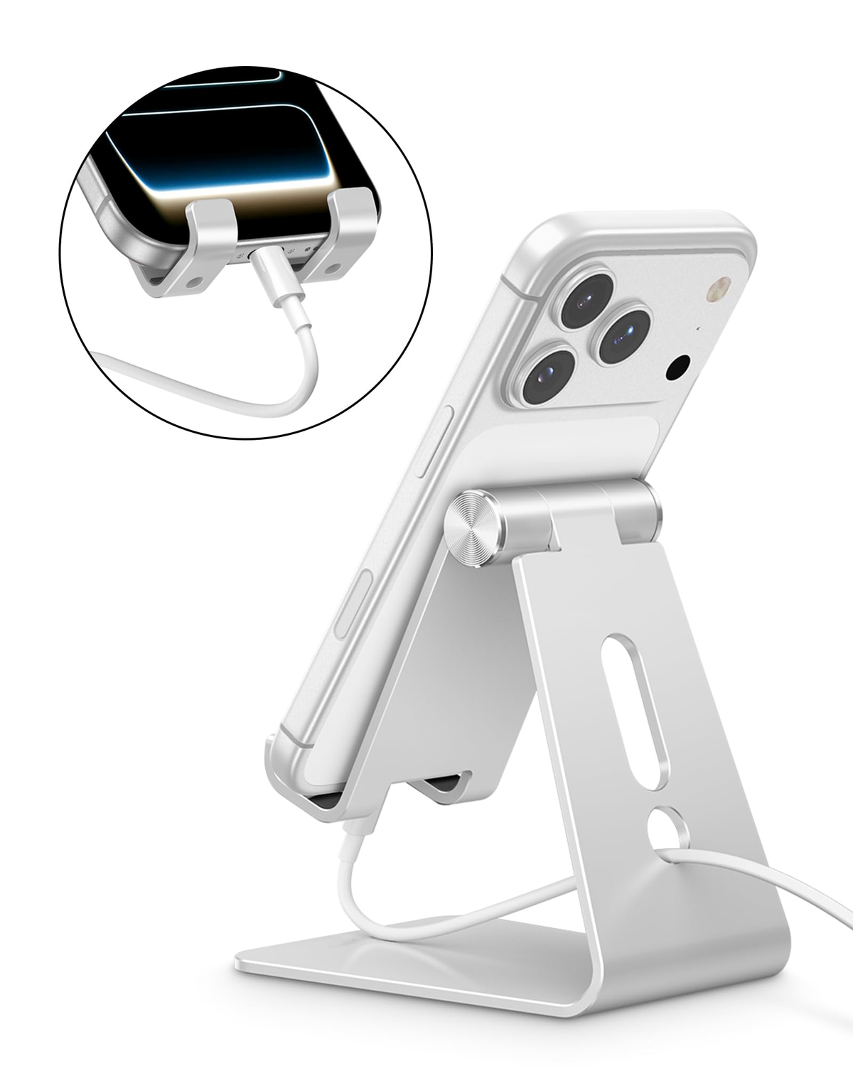 C2 Adjustable Aluminum Cell Phone Stand with Charging Cutout, Silver