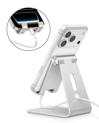 C2 Adjustable Aluminum Cell Phone Stand with Charging Cutout, Silver