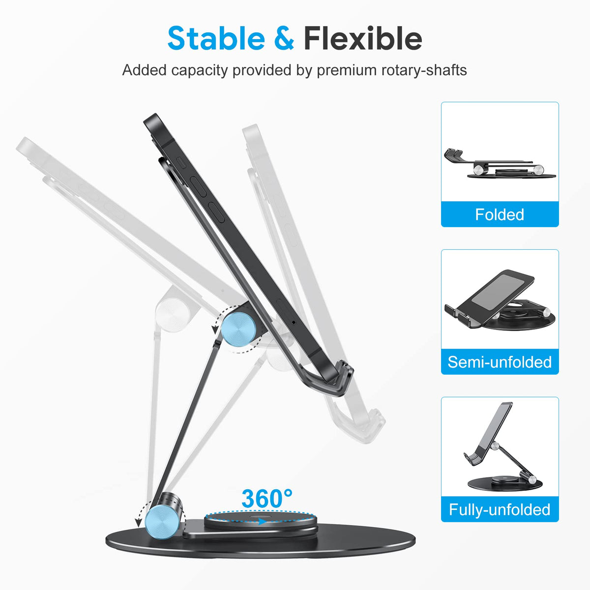 Swivel Tablet Stand for iPad with 360 Rotating Base, Foldable Adjustable Holder for Drawing, Compatible with iPad Pro/Air/Mini and More, Black Gray