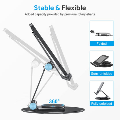 Swivel Tablet Stand for iPad with 360 Rotating Base, Foldable Adjustable Holder for Drawing, Compatible with iPad Pro/Air/Mini and More, Black Gray