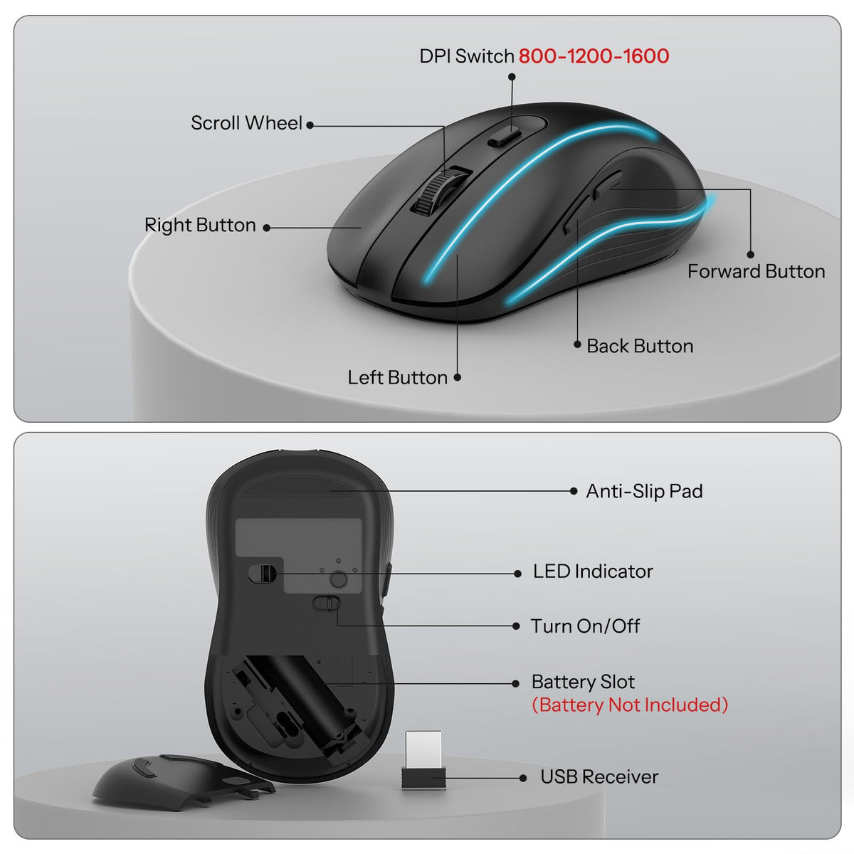 Dark Black Wireless Keyboard and Mouse Combo, Built-in Phone Holder