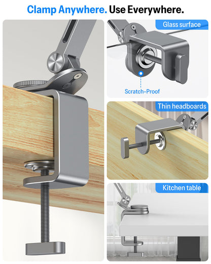 Tablet Stand for iPad with 360° Rotation, GH04 Aluminum Alloy Long Arm Phone Mount with Magnetic Phone Head & Plastic Tablet Clamp, Adjustable Holder for 4-13" iPad Pro/iPhone, Grey