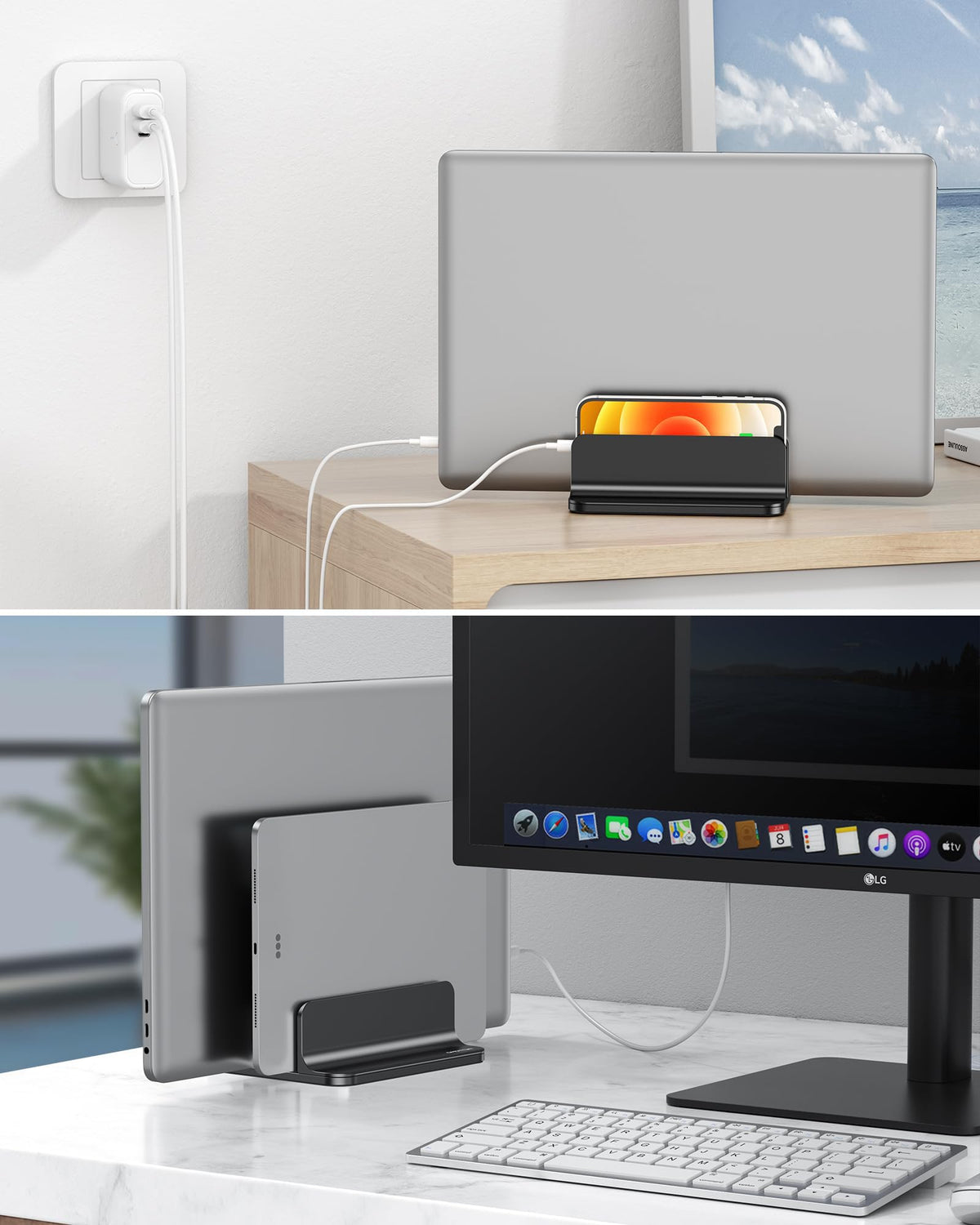 Dual Vertical Desk Laptop Stand Holder, Fits MacBook Air/Pro, Black