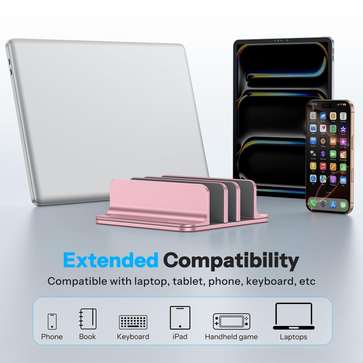 3-Slot Multiple Vertical Laptop Stand, Fits MacBook, Rosegold