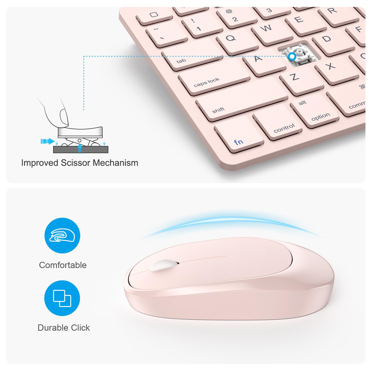 Bluetooth Keyboard and Mouse for iPad, Slim & Silent, Pink
