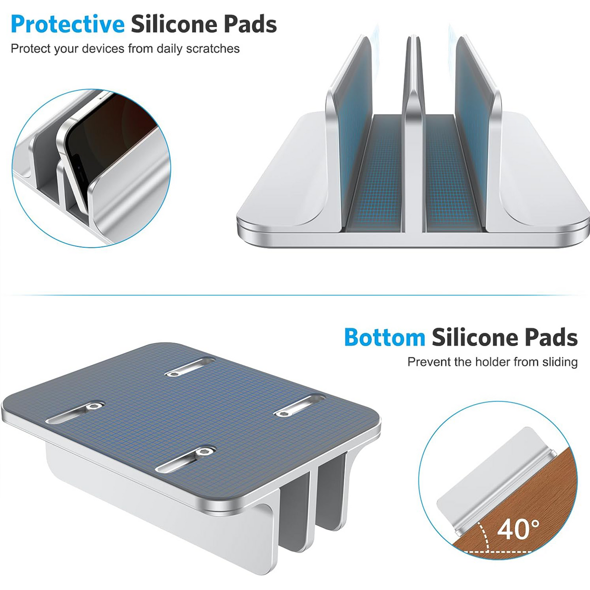 Dual Vertical Desk Laptop Stand Holder, Fits MacBook Air/Pro, Silver